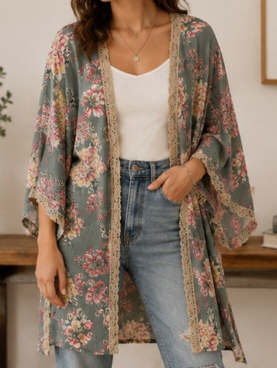 Angie Jackets & Blazers - Angie Floral Midi Kimono Sage Green Crochet Lace Boho Duster